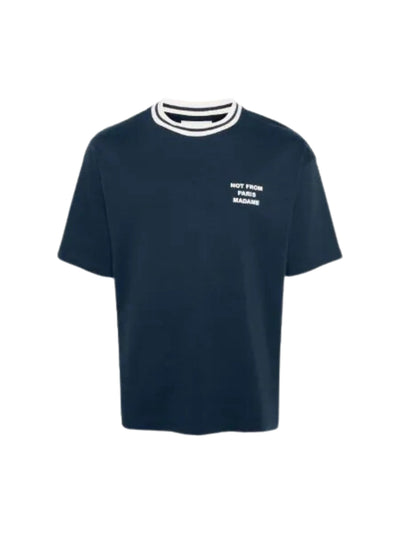 Drole De Monsieur T-Shirt Stripe Neck Slogan Print Navy-White