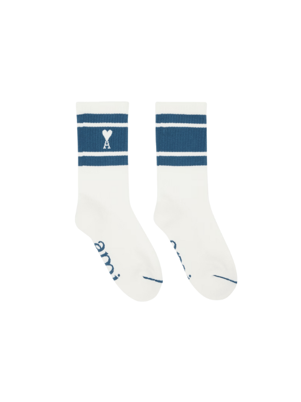 Ami Socks Striped Logo Storm Blue
