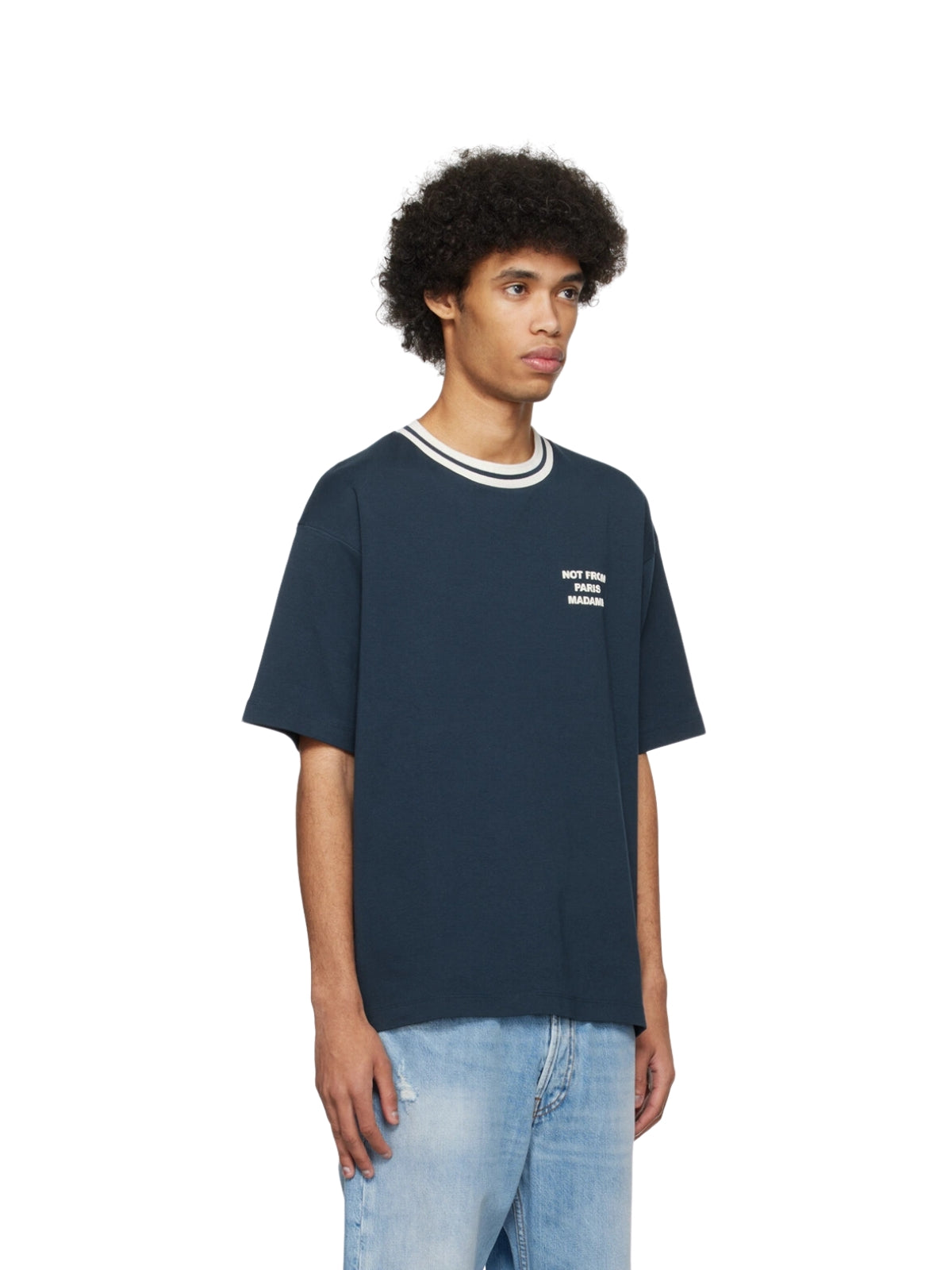 Drole De Monsieur T-Shirt Stripe Neck Slogan Print Navy-White