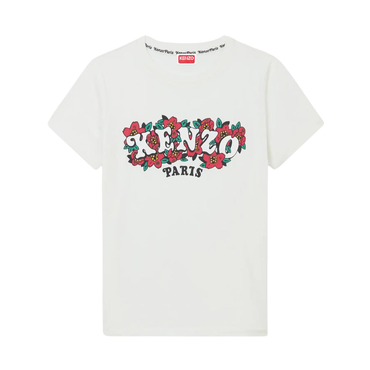 Kenzo T-Shirt Ladies Logo On Flowers White