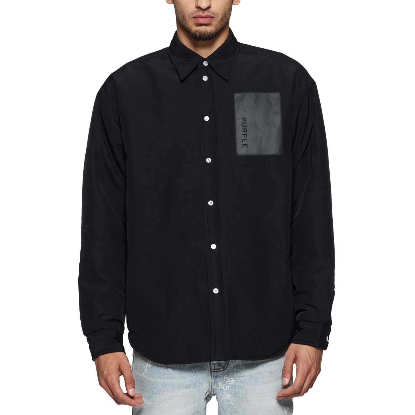 Purple Shirt Button Up Patch Black